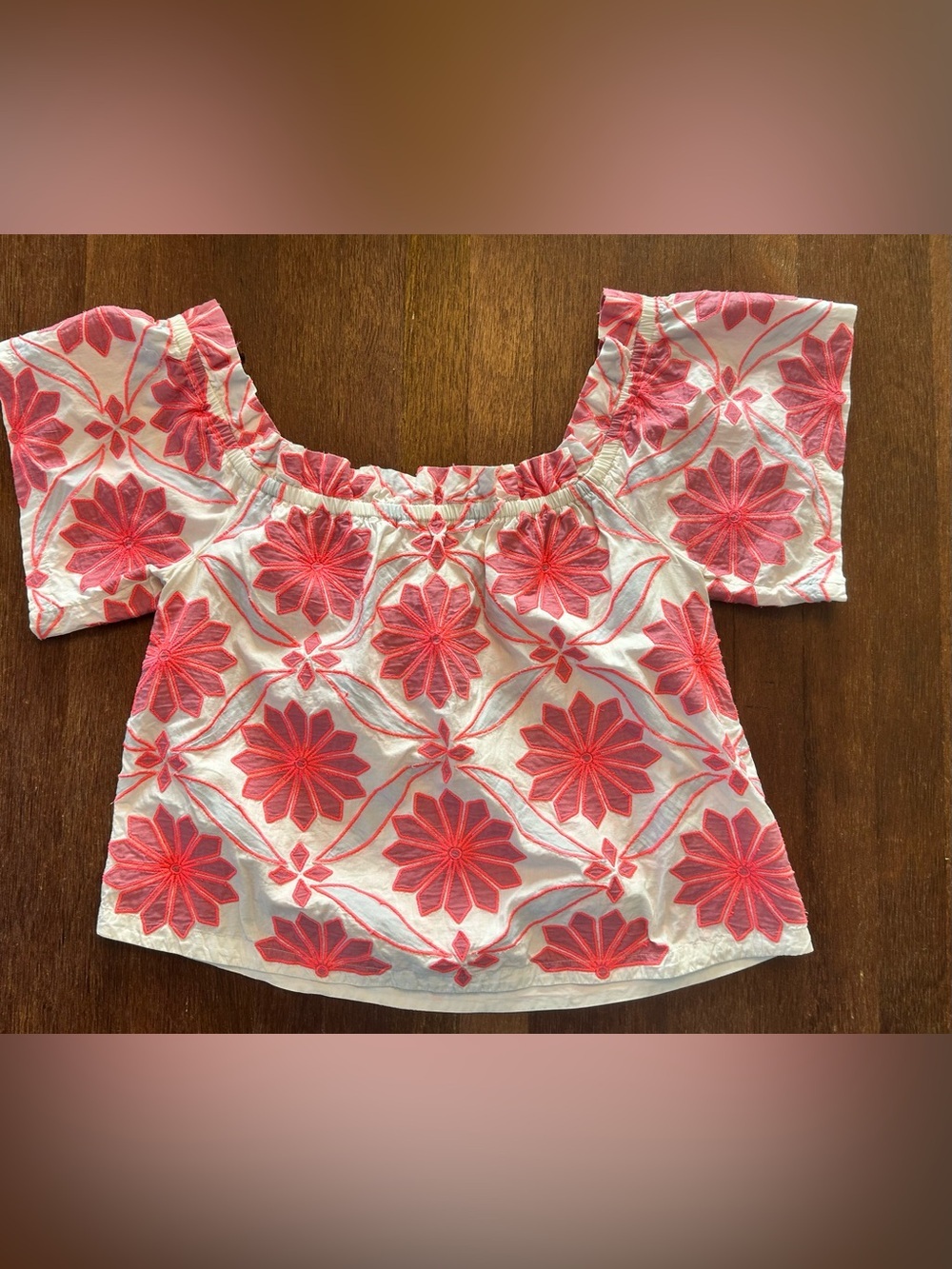 Maeve Anthropologie XS White Pink Embroidered Off Shoulder Floral Blouse Top